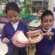 children pictured learning how to brush teeth properly