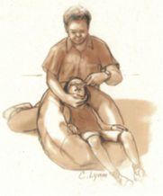 Illustration showing someone brushing a child's teeth as they sit on a beanbag