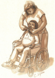 Illustration of someone cleaning a person's teeth as they sit in a wheelchair