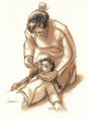 Illustration of person brushing child's teeth as they lie on the floor