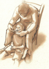 Illustration showing a person brushing a child's teeth whilst the child is sat on the floor